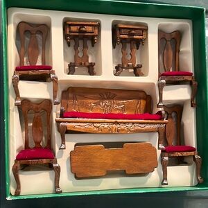 Vintage wooden dollhouse intricate details brown red sofa chairs end tables 1020